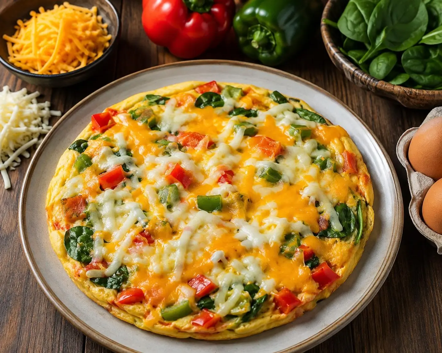 Eggs Dish With Vegetables, Mozzarella Cheese, And Cheddar Cheese
