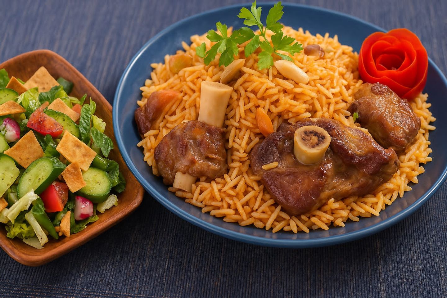 كبسة لحم بلدي مع سلطة فتوش