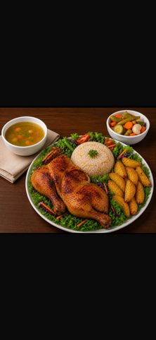 وجبة نصف دجاج مع بطاطس بالفرن + رز مصري + شوربة + طرشي