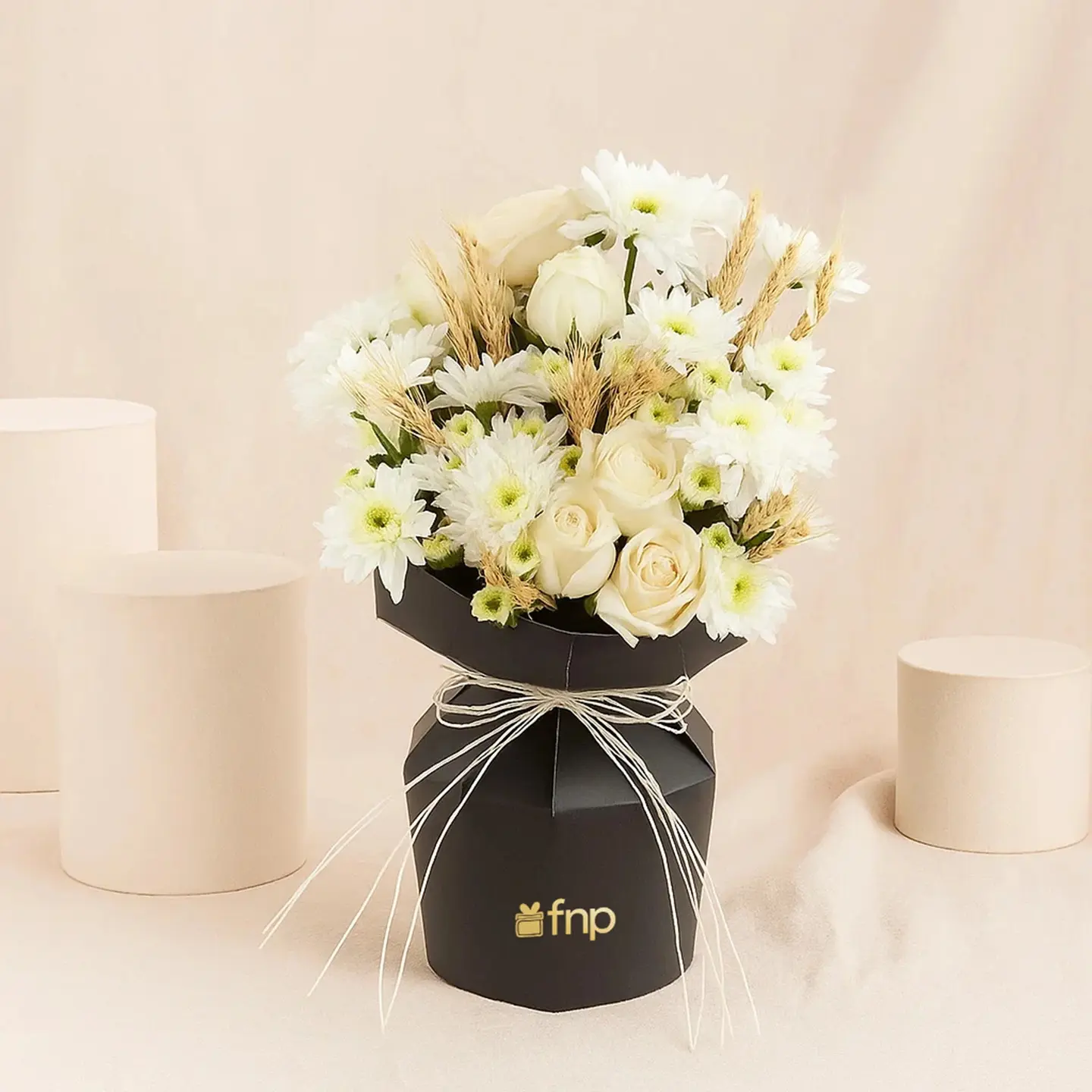 White Mixed Flower Bouquet In Black Sleeve