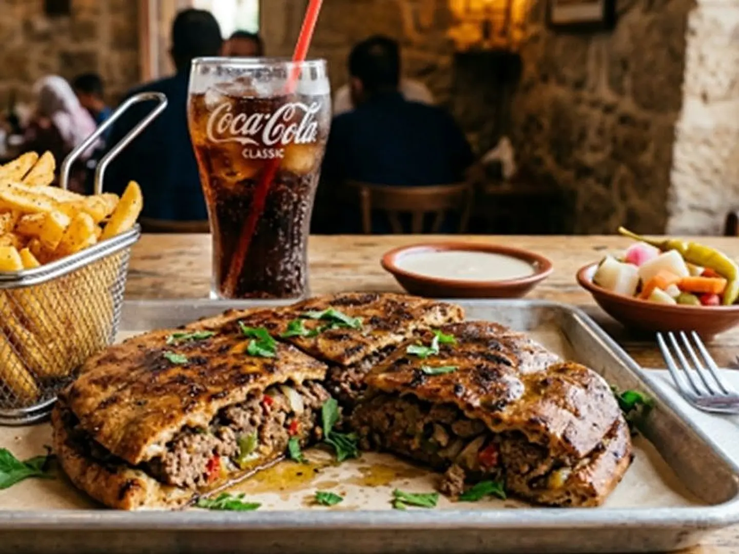 A Delicious Hawawshi Meal With Authentic Egyptian Style Sausage, Rich In Traditional Spices And Flavors, Served With Crispy Fries And A Refreshing Drink For A Complete And Enjoyable Dining Experience.