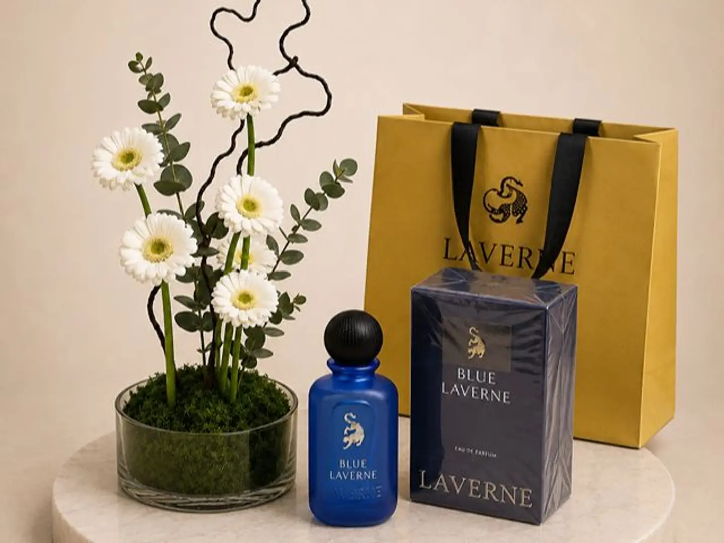 White Gerbera Whisper Vase With Blue Laverne