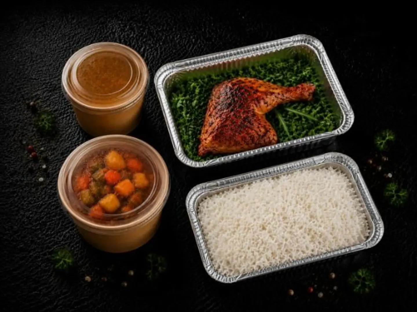 A Meal Of A Quarter Roasted Chicken With Rice, Vegetables, And Soup.