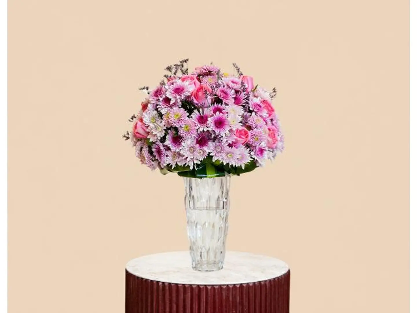 Pink Rose With Colorful Chrysanthemums Vase