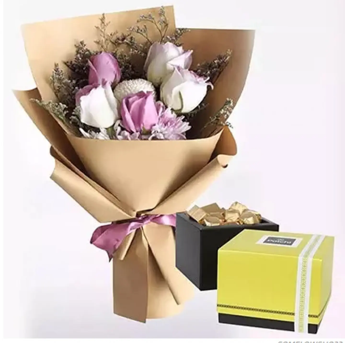 Purple And White Flowers And 250g Patchi Chocolate