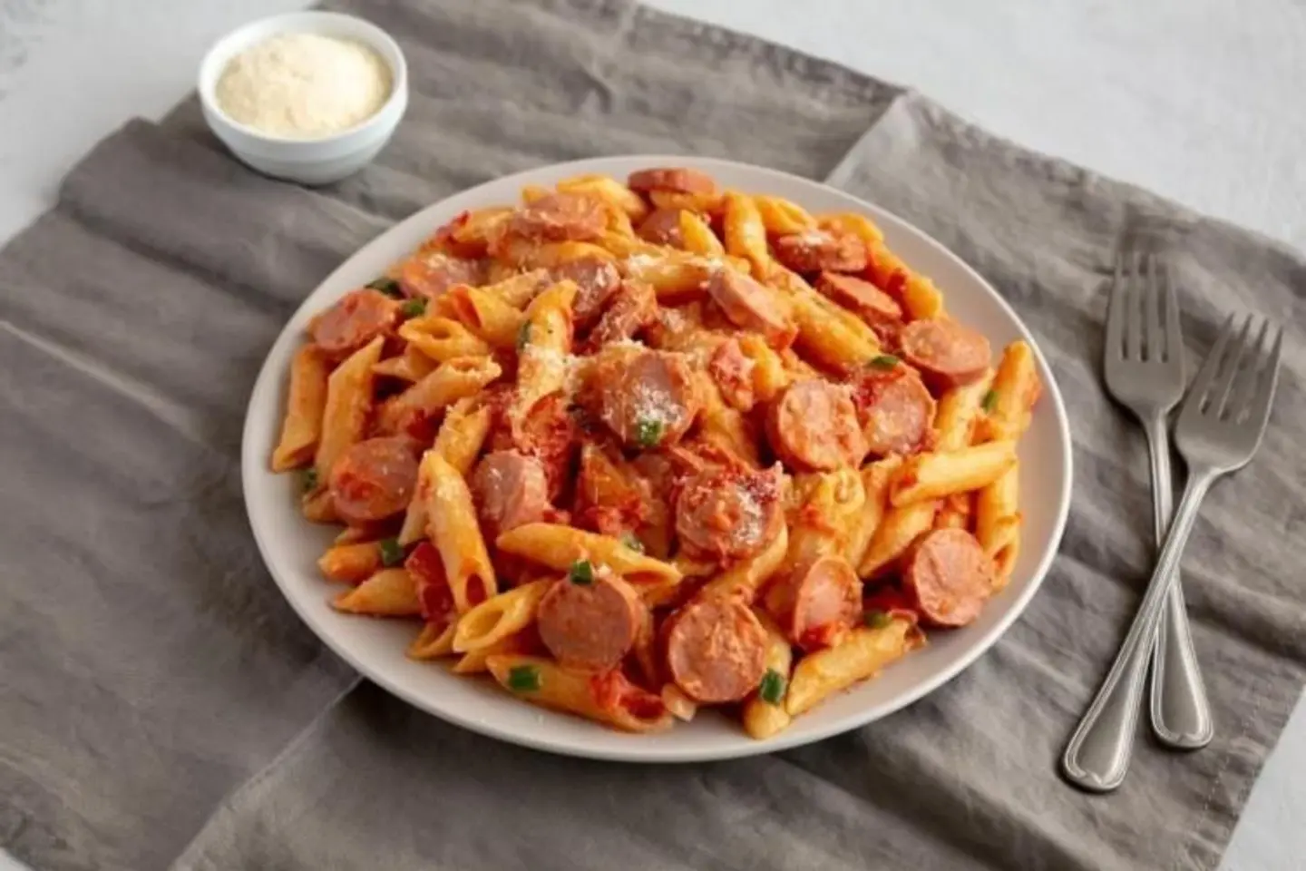 Red Pasta With Hot Dog