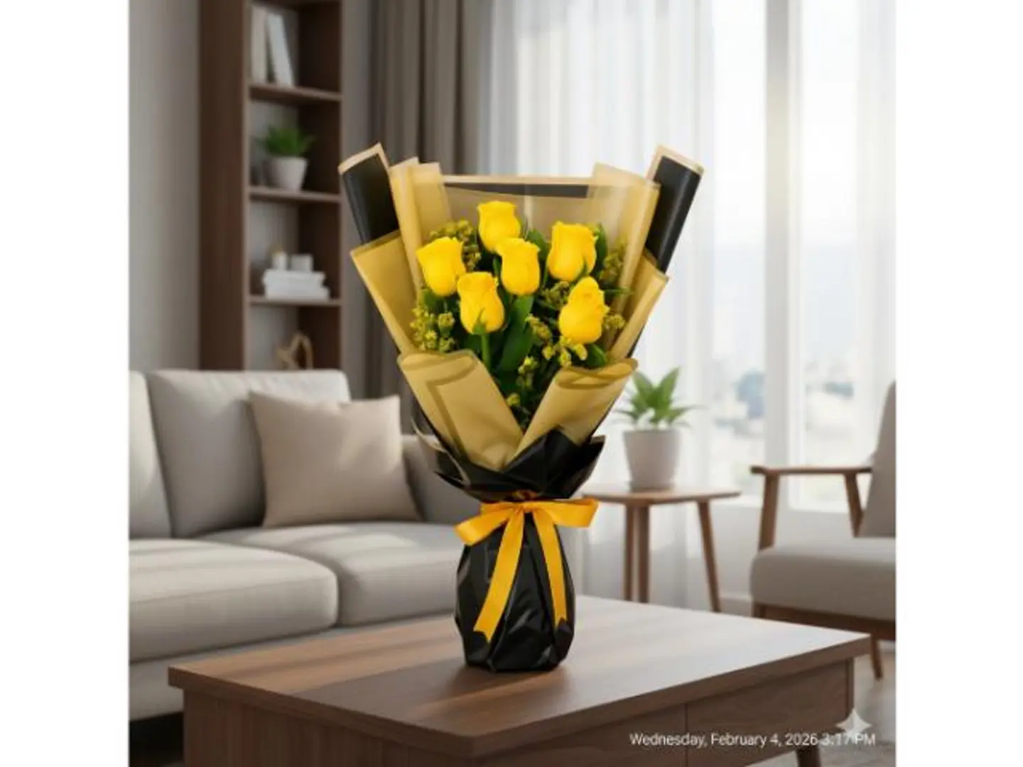 باقة زهور ورد أصفر، غلاف أسود وبيج