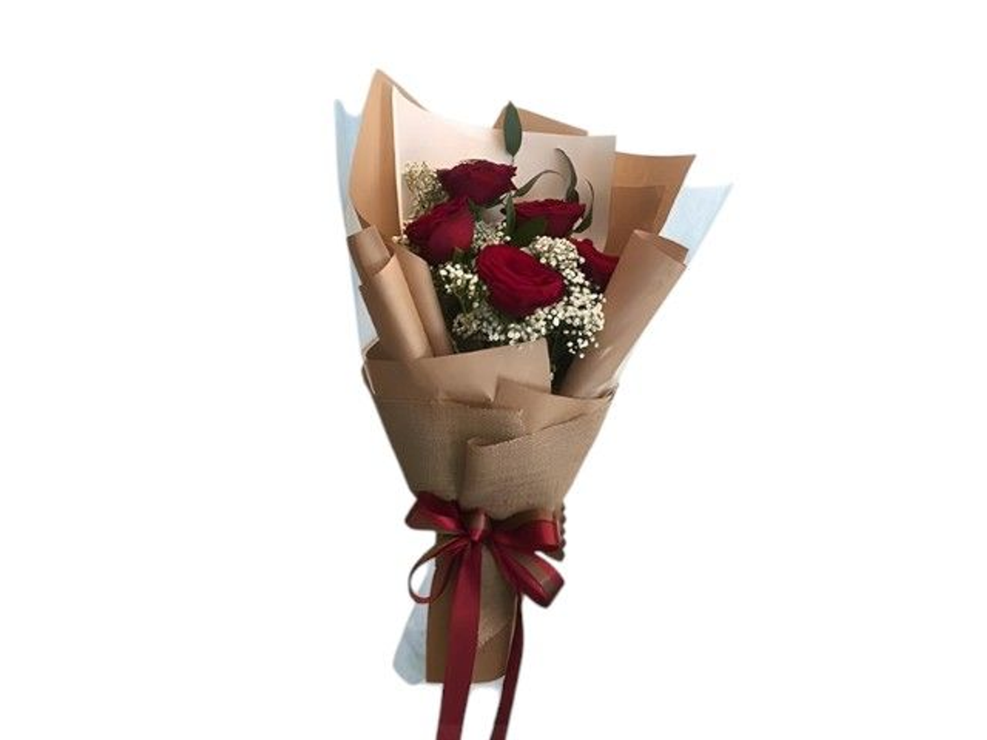 2001 Hand Bouquet 5 Red Roses With Gypsofilia