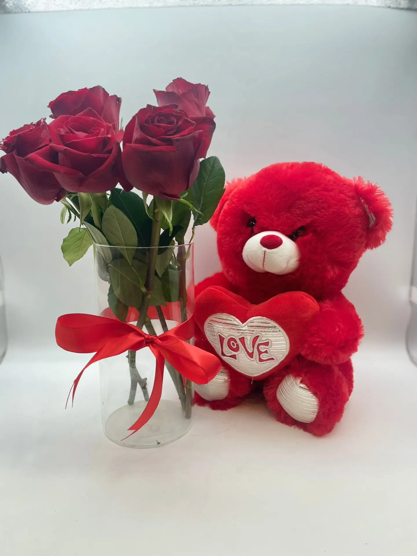 Red Teddy Bear With Vase And Red Rose
