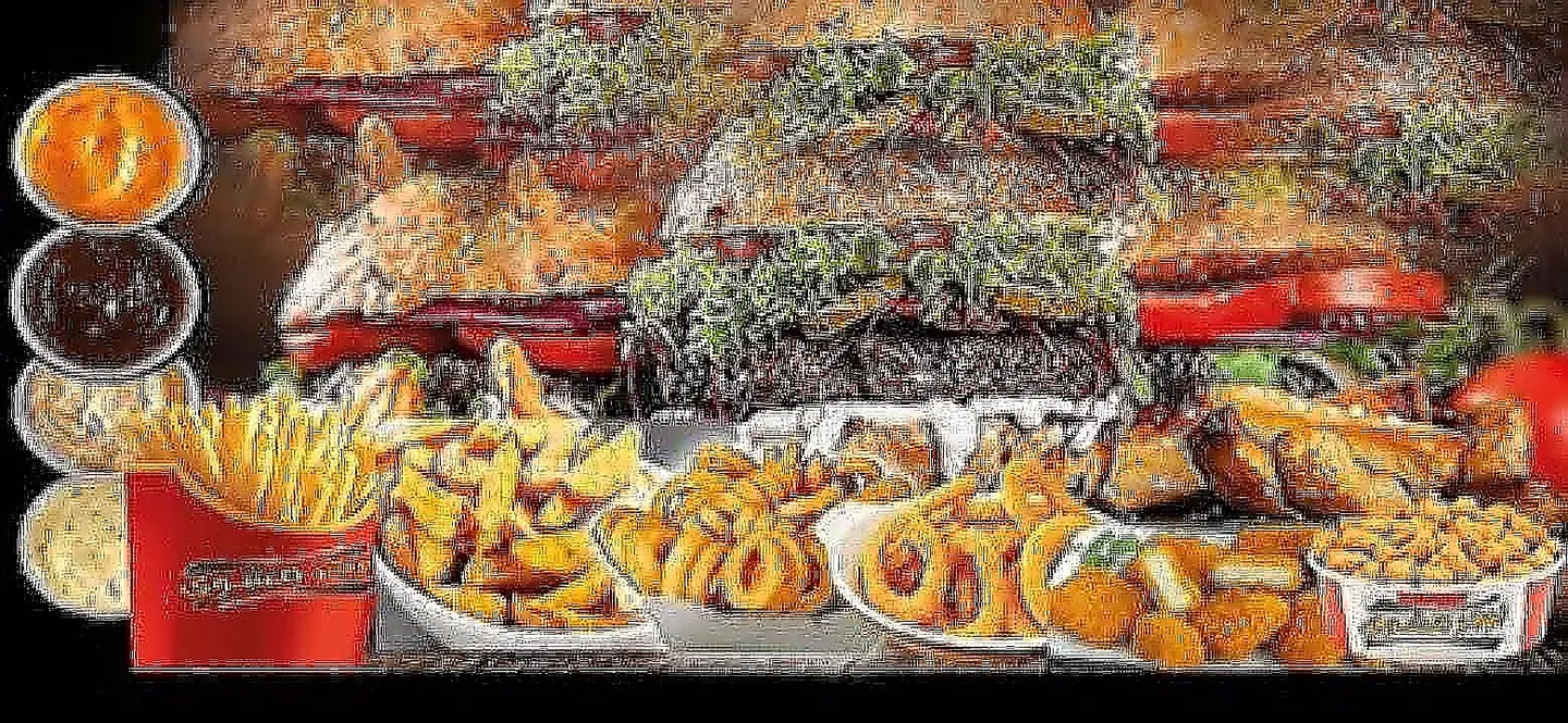 ٩برجر،بطاطس مقلي،حلقات بصل،بطاطس كرسبي،بطاطس وجدس،مسحب دجاج،بوب كورن، ٤ انواع من الصوص