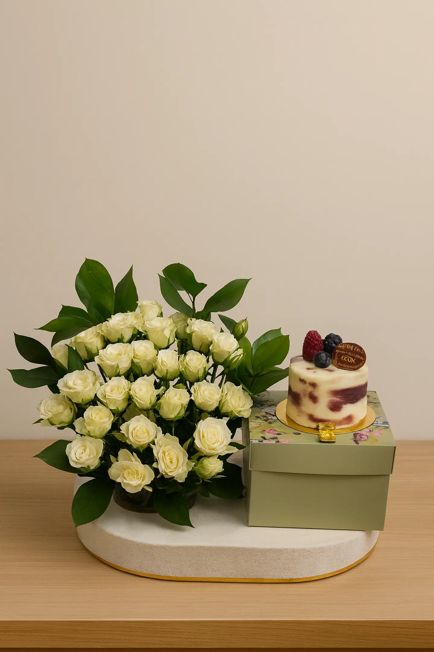Velvet Base With Mini Cake And Rose