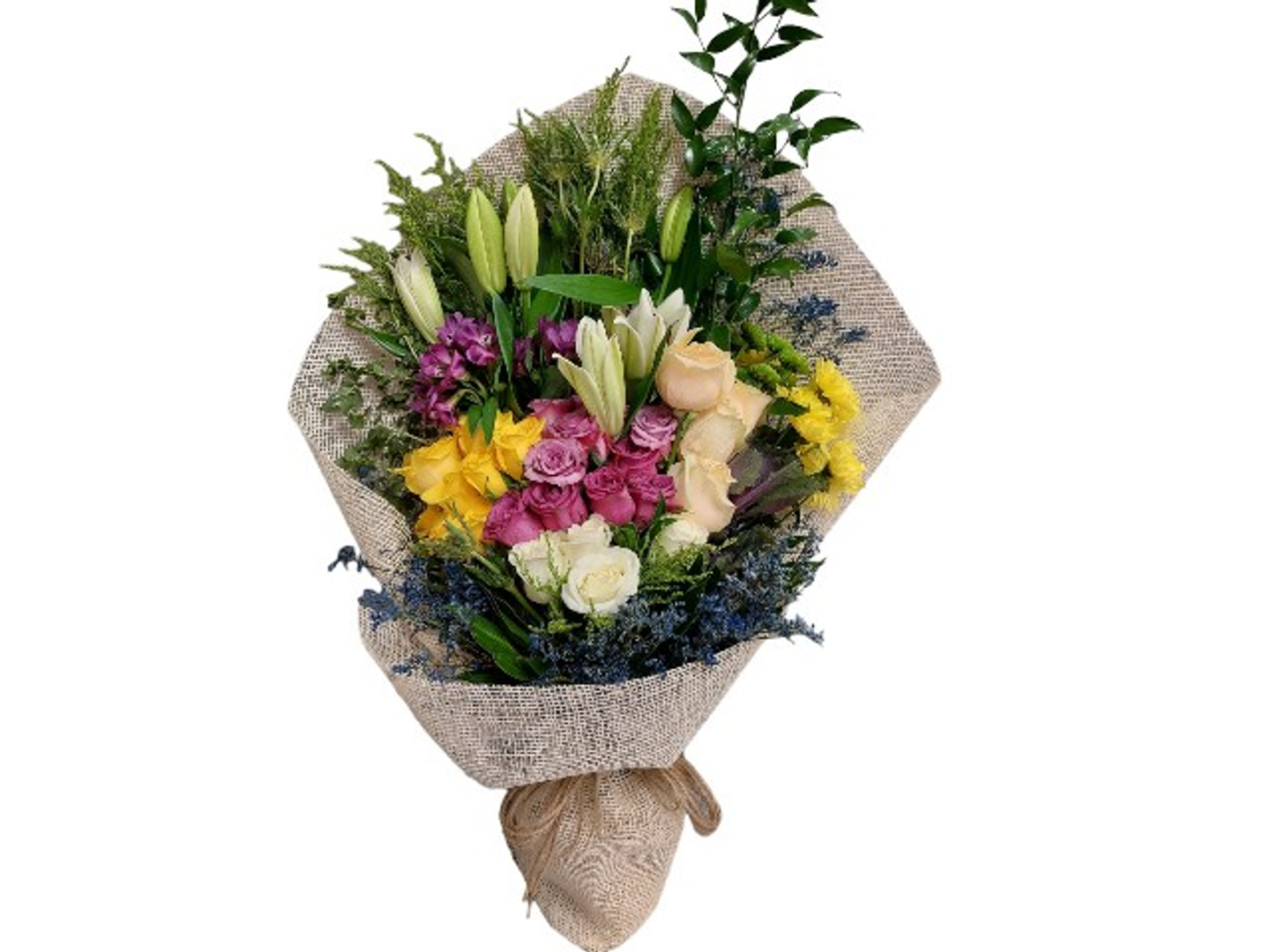 1032 Hand Bouquet Of 26 Mixed Roses,2 Lillium,2 Chrianthemum,Astramaria,Limunium With Accessories