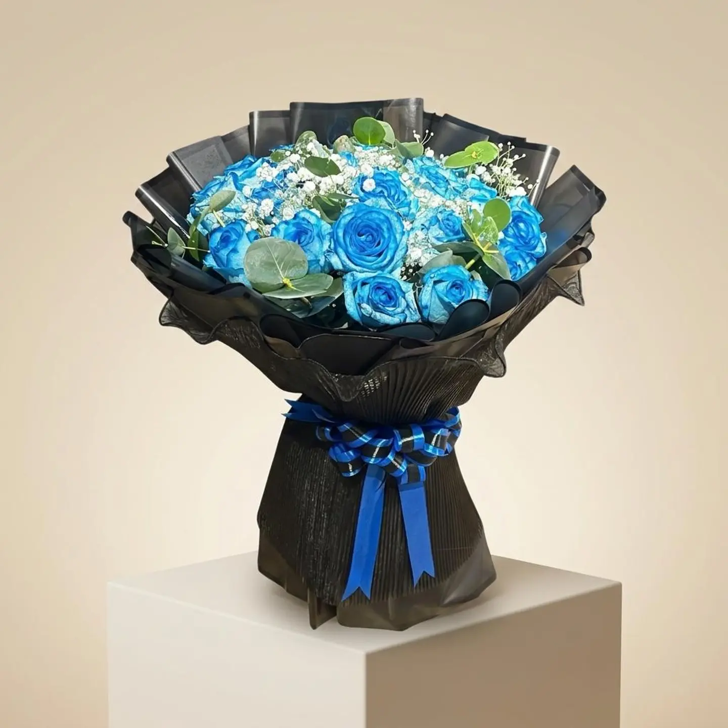 Royal Blue Rose Bouquet Wrapped In Luxurious Black Paper