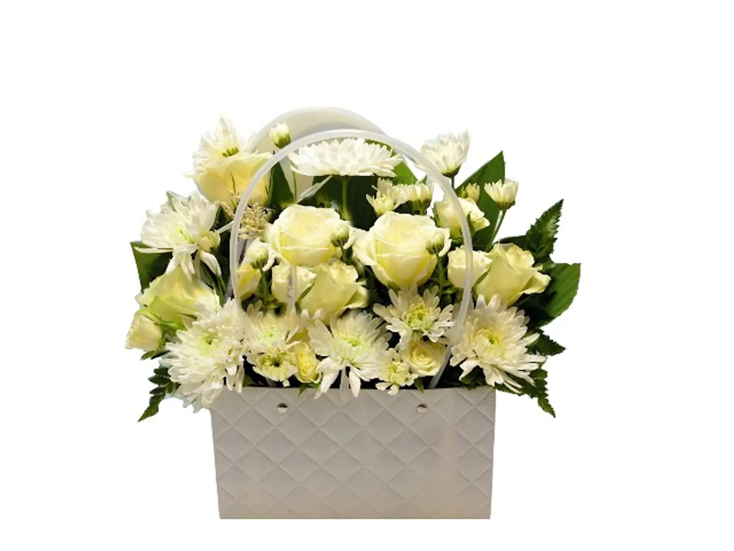 1002 Bag Bouquet Of   2 Cherries , 6 White Roses And 1 Baby Rose