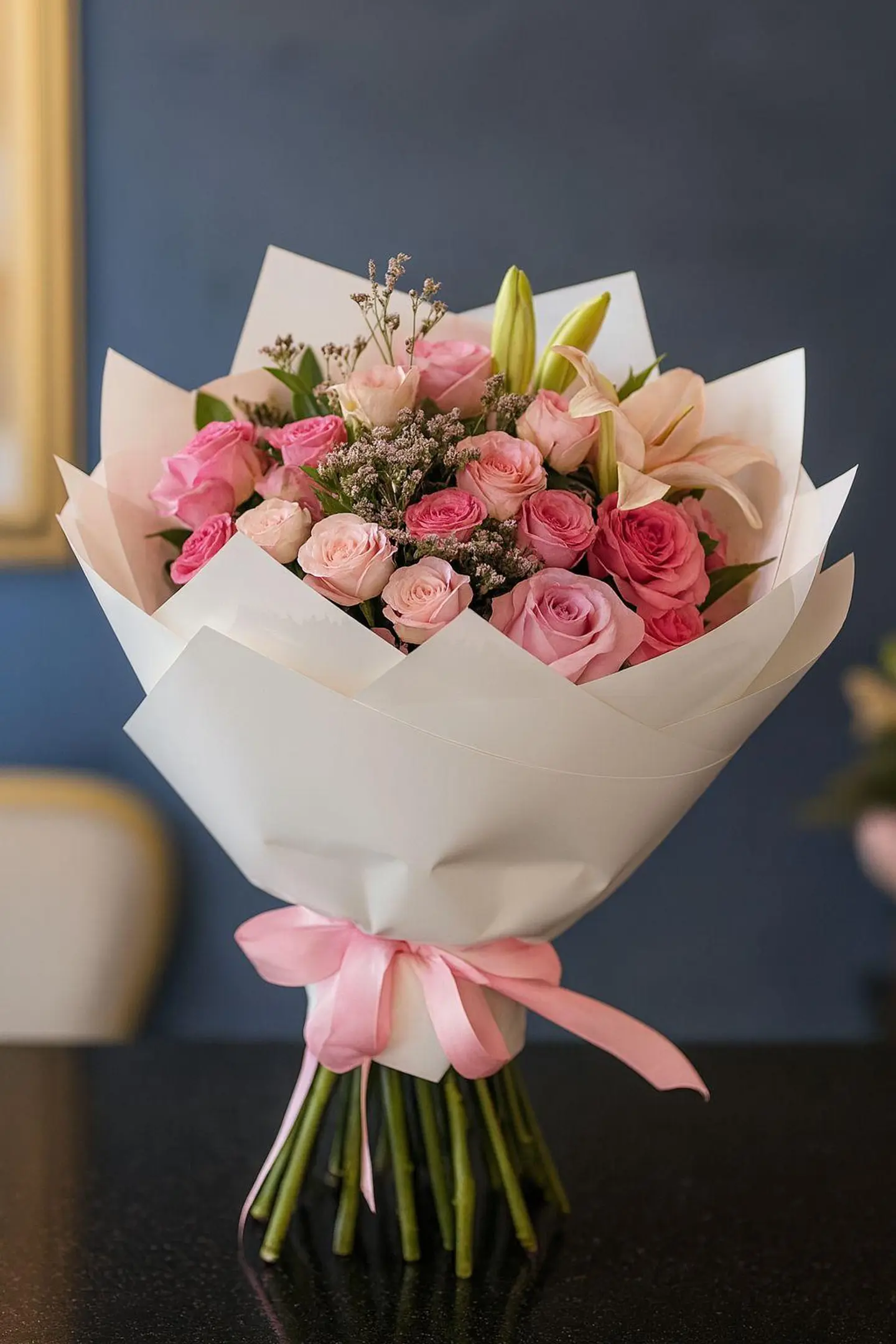 Pink Roses And Beautiful Lilles