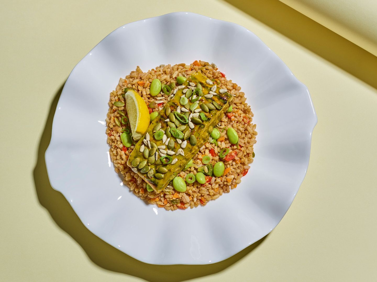 Grilled Salmon In Honey Mustard Sauce With Fried Brown Rice