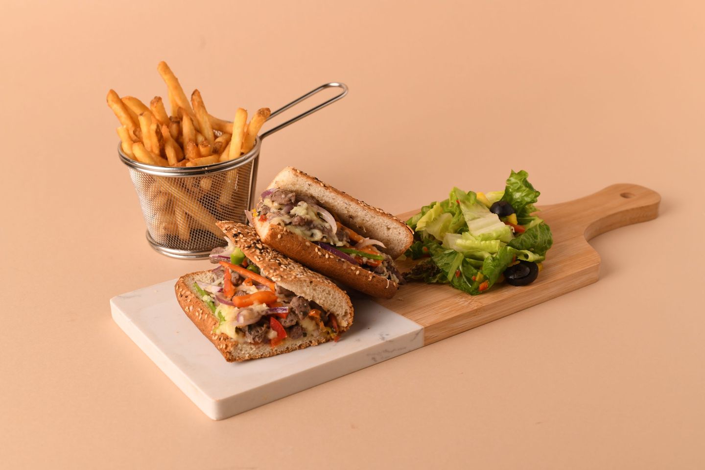 Ciabatta Bread With Beef Slices And Mozzarella Cheese