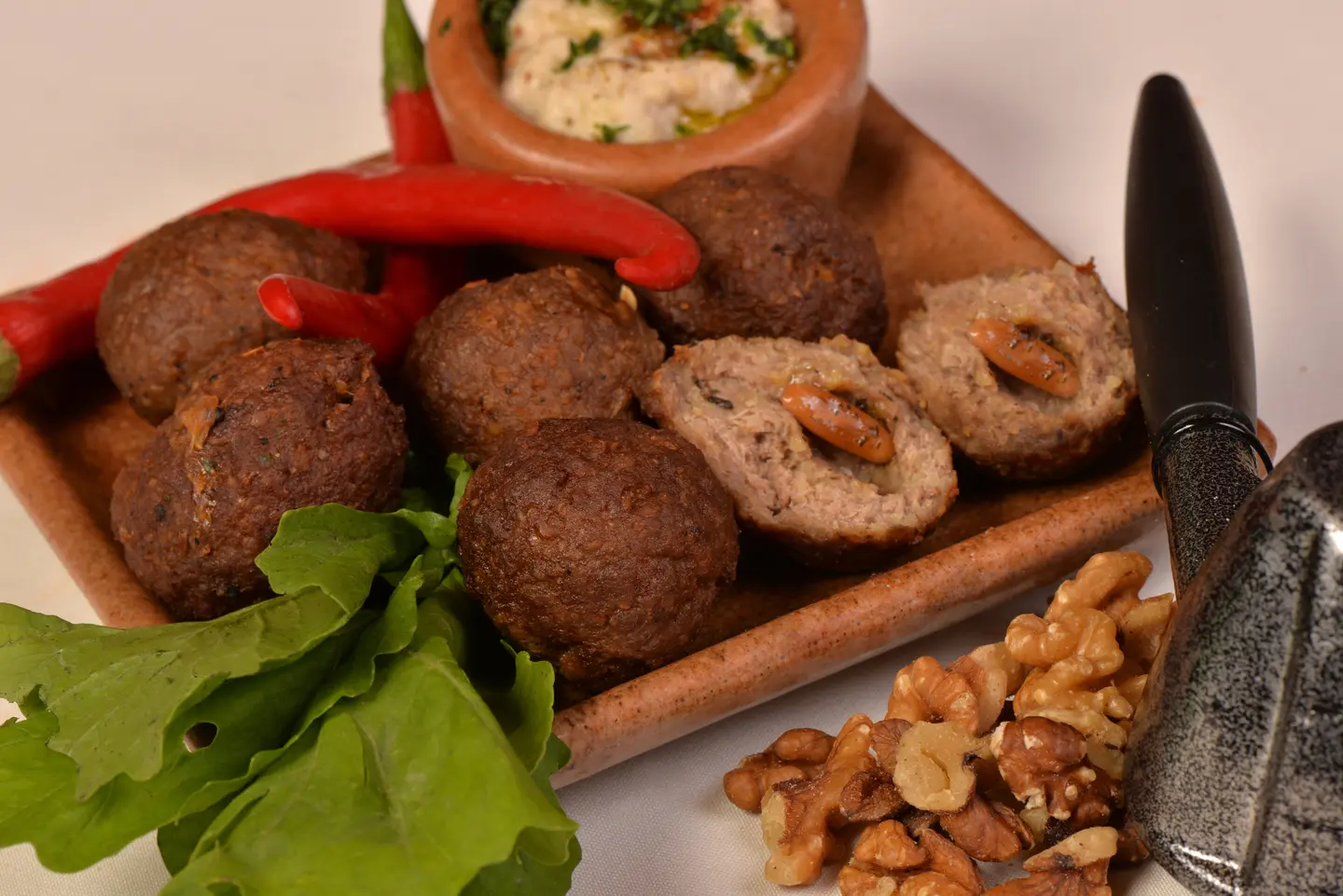 Kobeba With Pine And Mint Served With Baba Ghanouj