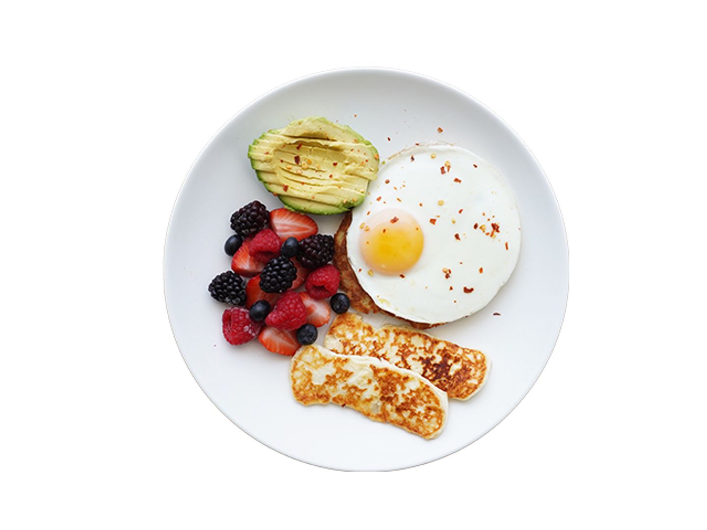 Keto Egg Halloumi And Pancake Breakfast With Fruits