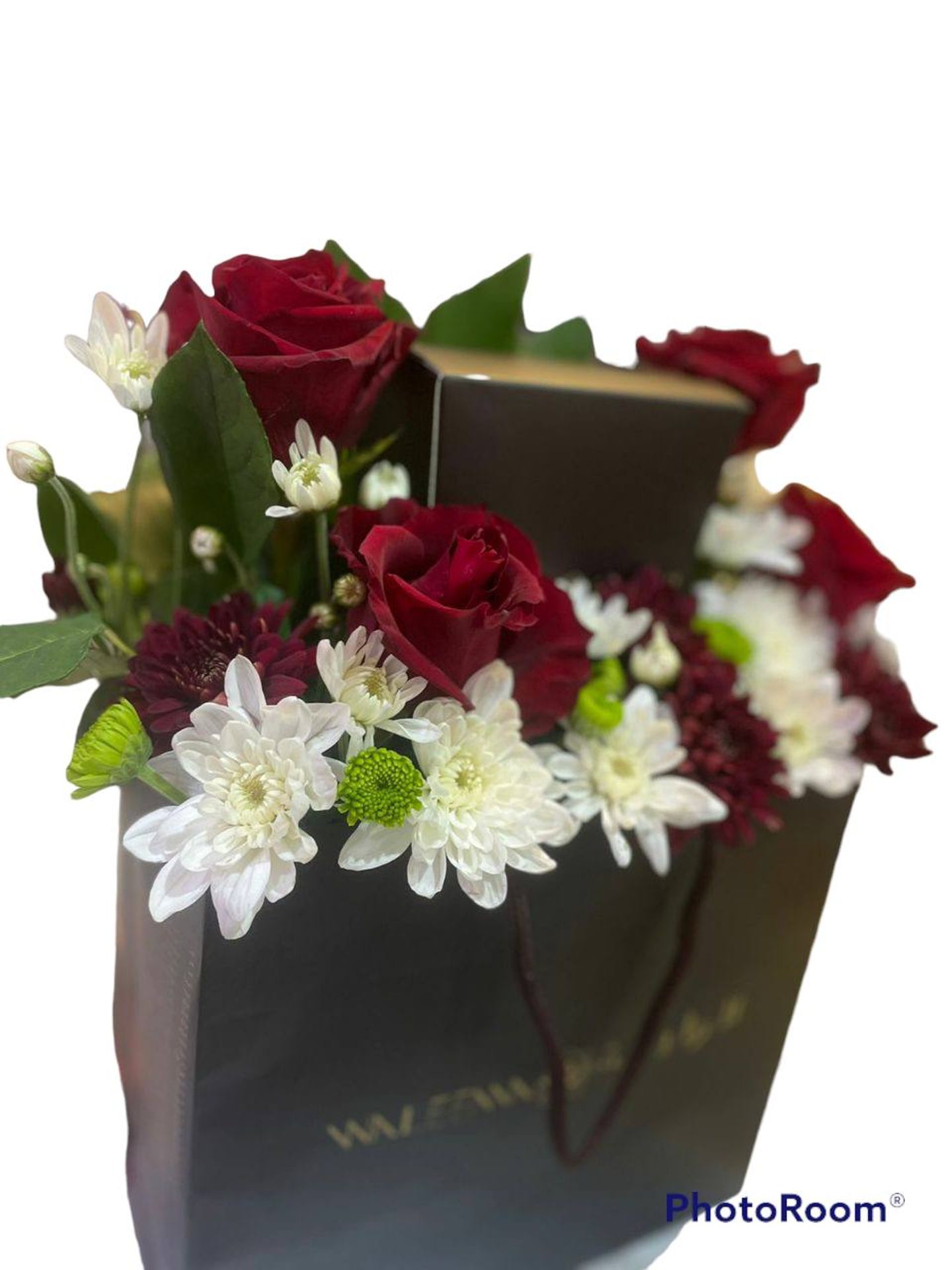 Gift Design , Bag Of Roses And White Chris ,Green Topping