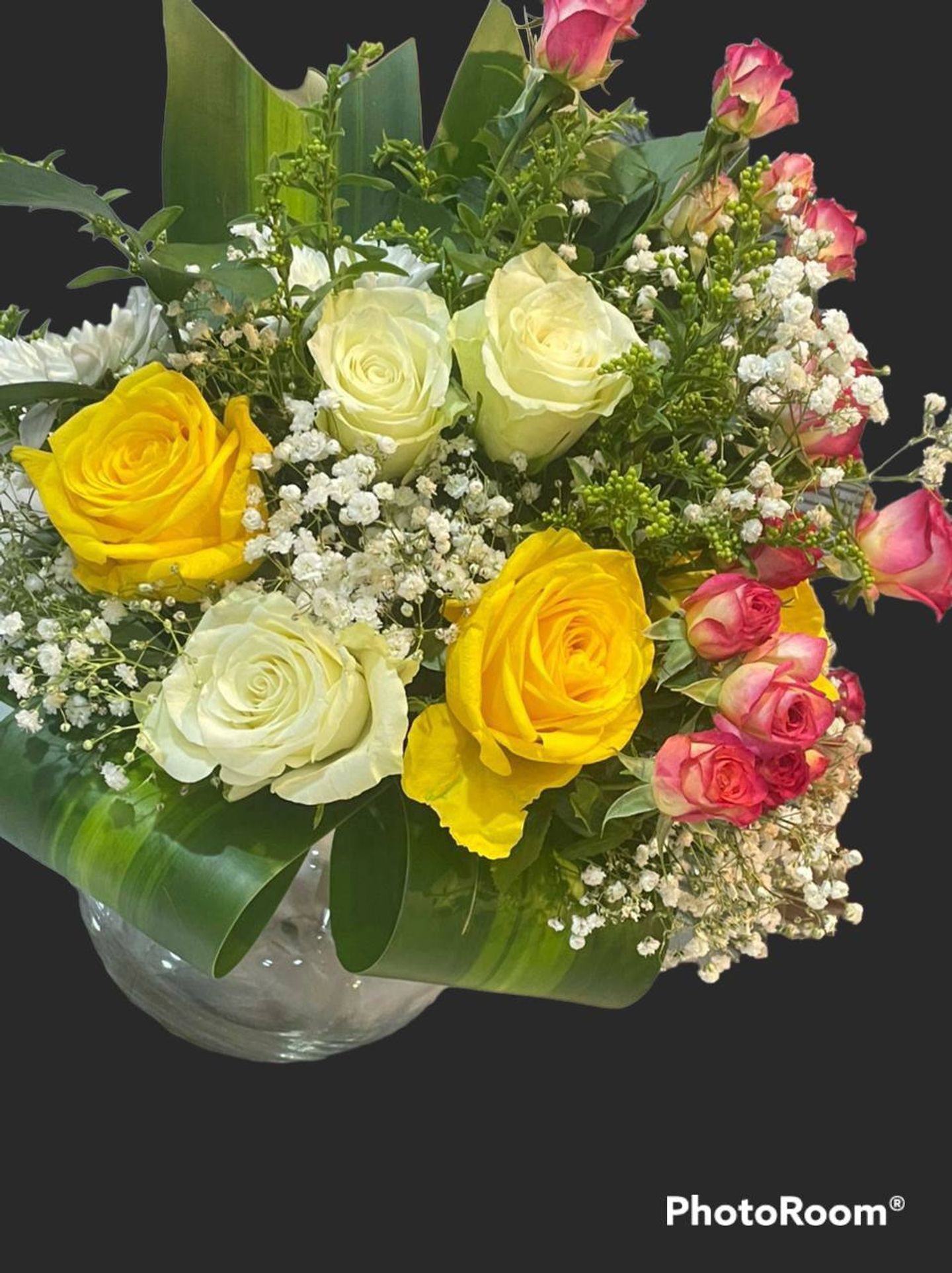 Vase Of Roses And Baby Roses With Accessories
