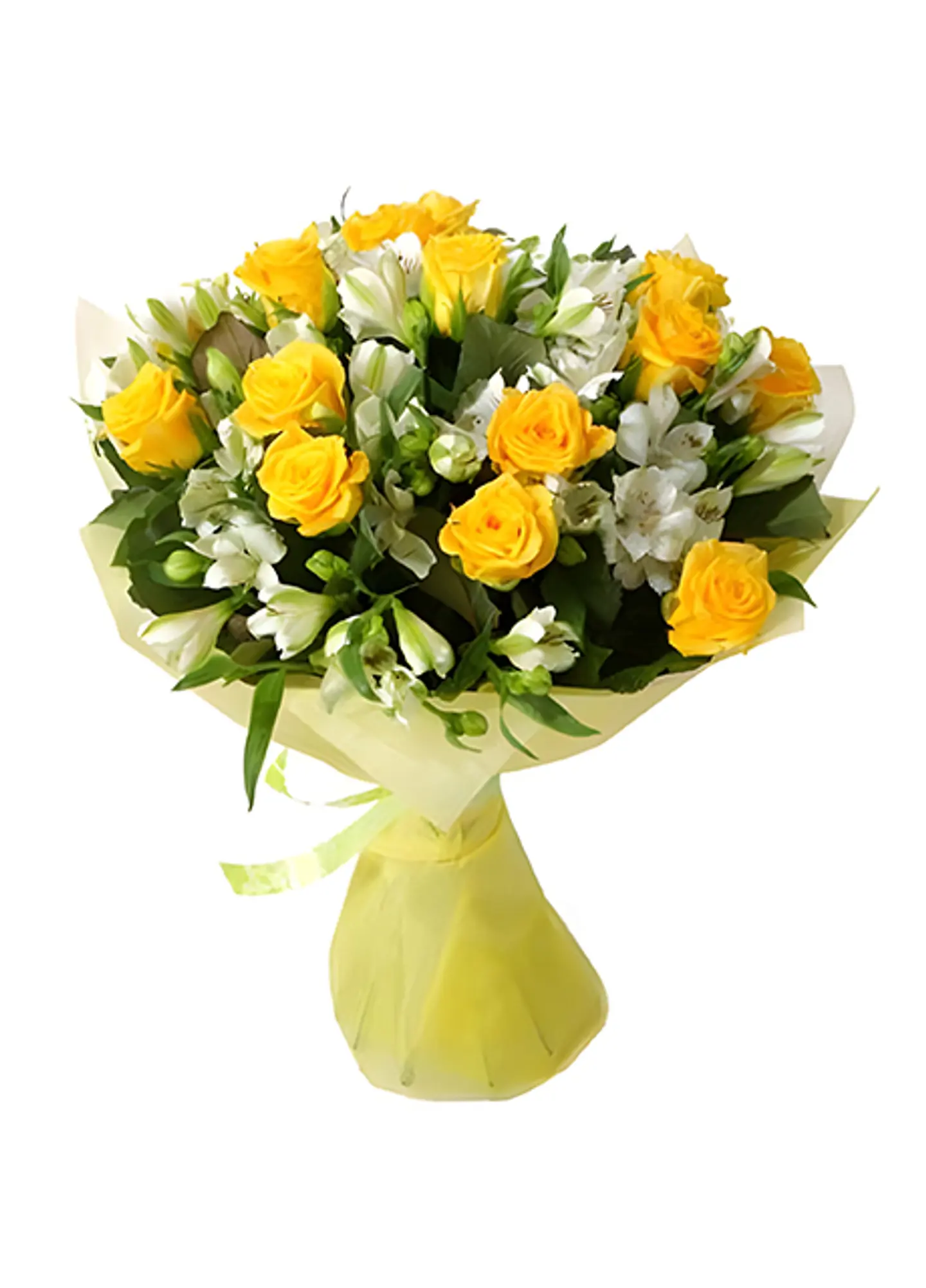 Hand Bouquet 5yellow Baby Rose With 5 Alstromeria White