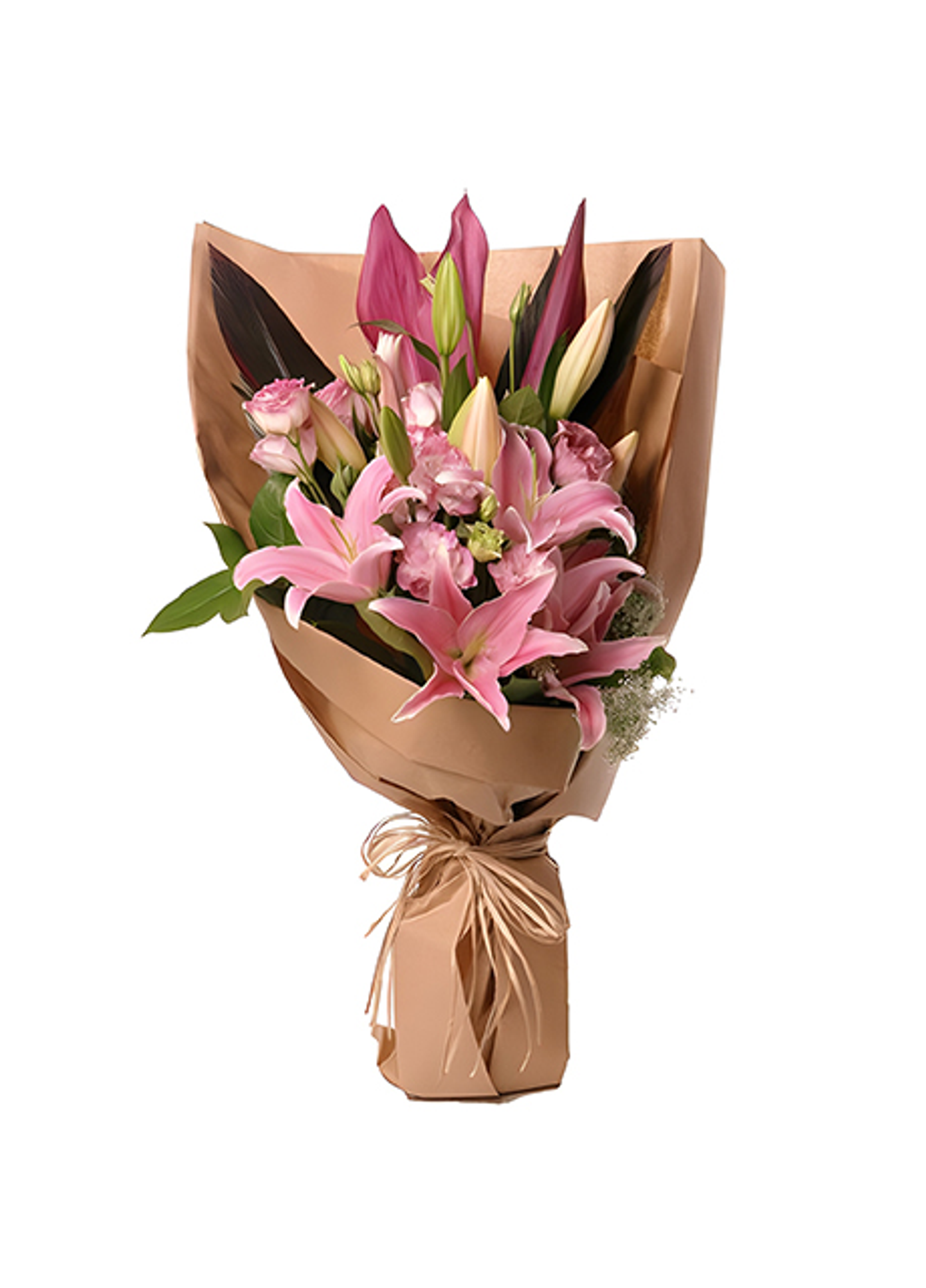 Hand Bouquet  3 Stem Stargazer With 3 Baby Roses