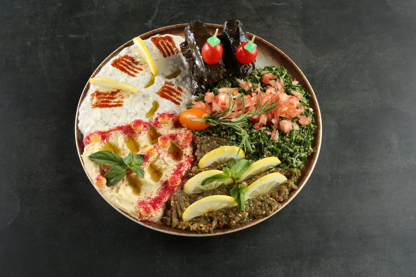Arabic Mix Appetizers (Cold) (Hummus, Mutabbal, Baba Ghanoush, Grape Leaves)