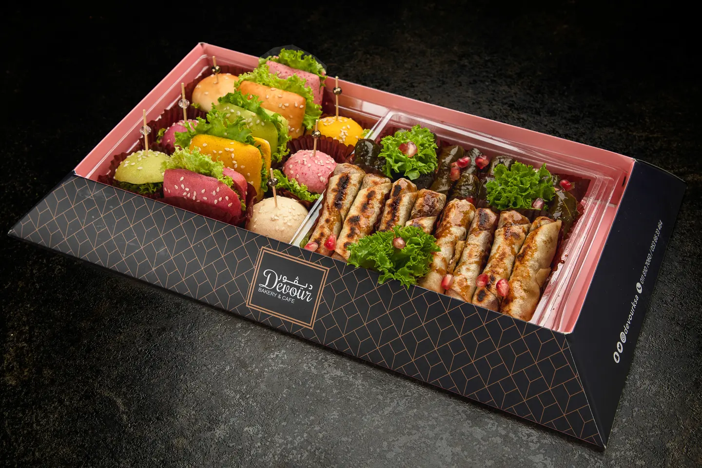 Mix Mini Burger 6 Pieces, Mexican Sandwich 5 Pieces, Vine Leaves 16 Pieces, And Makhan Roll 8 Pieces