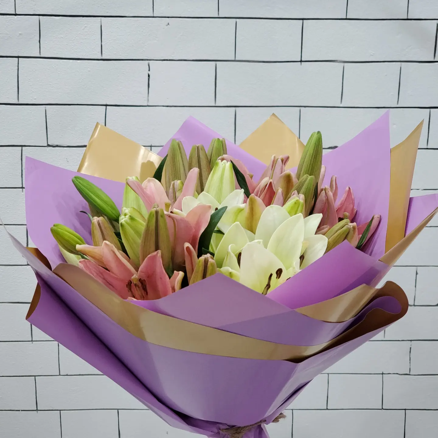 Lilies Bouquet With Purple Packaging