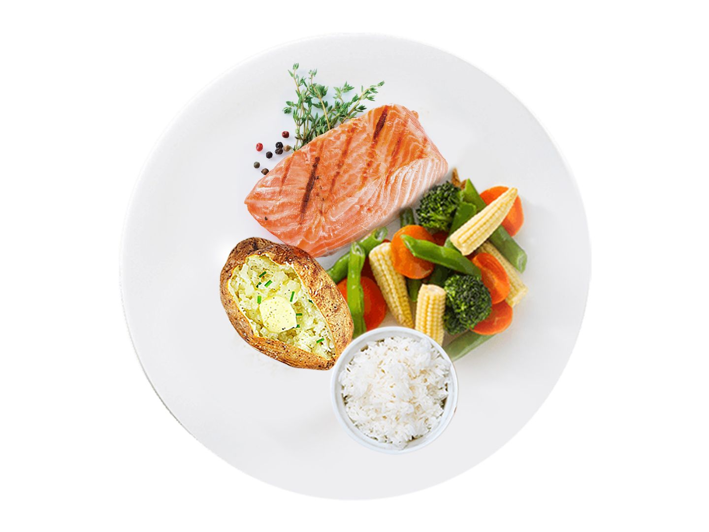 Char Grilled Salmon With Two Free Basis - With Vegetables Sauté And Baked Potato