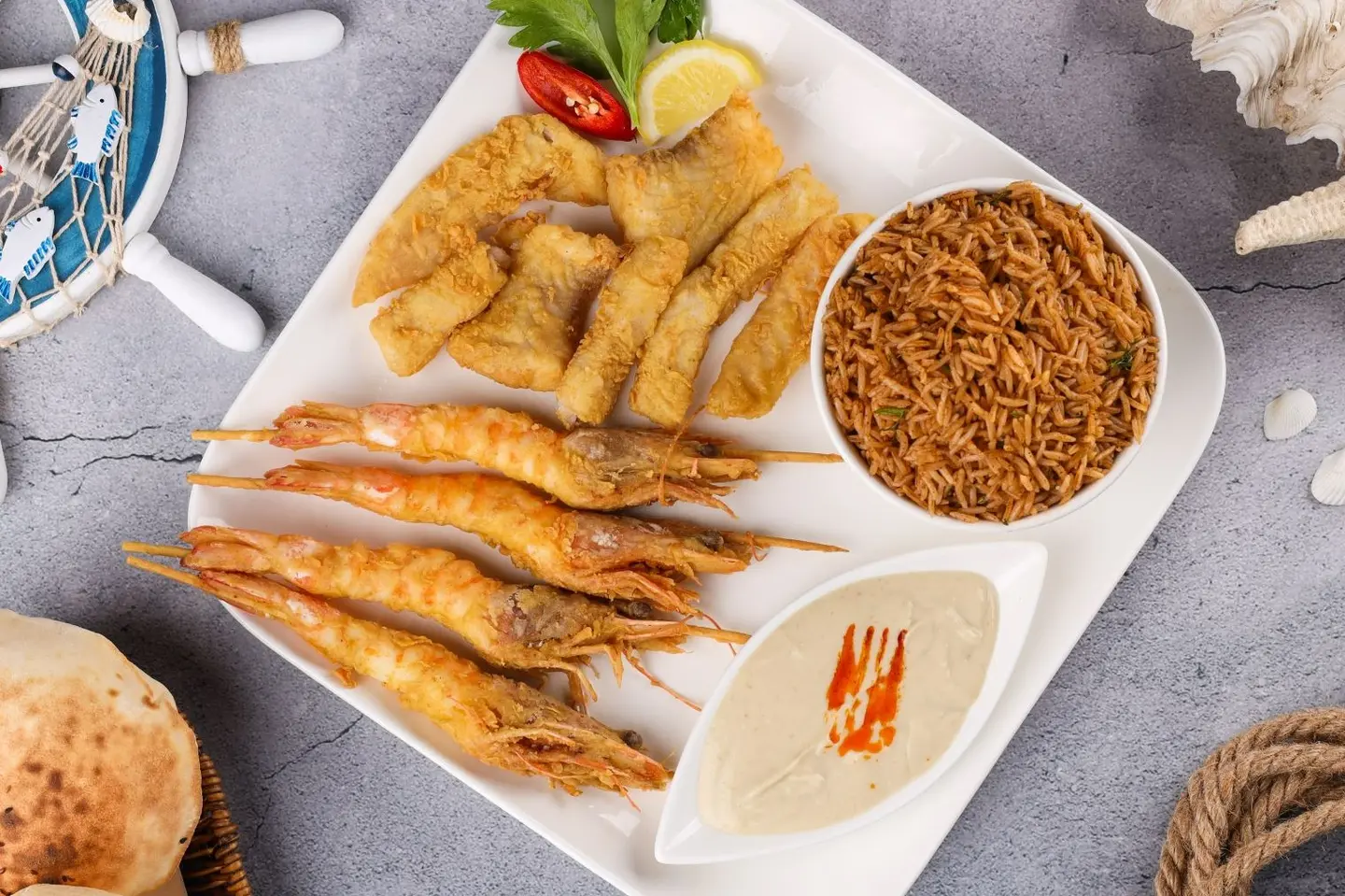 Grilled Shrimp And Fried Fish Filet Meal