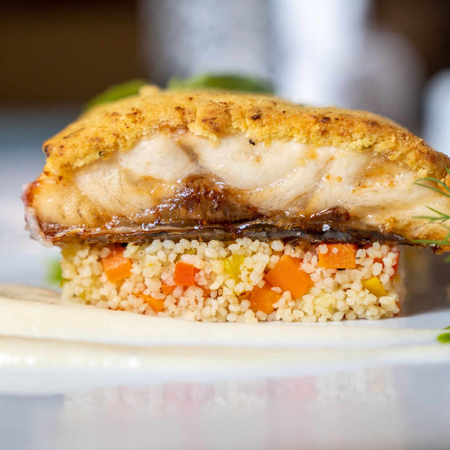 Branzino Al Forno Con Crumble Di Agrumi E Couscous