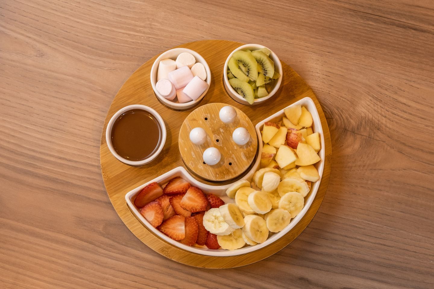Basket Fruits With Chocolate And Marshmallow