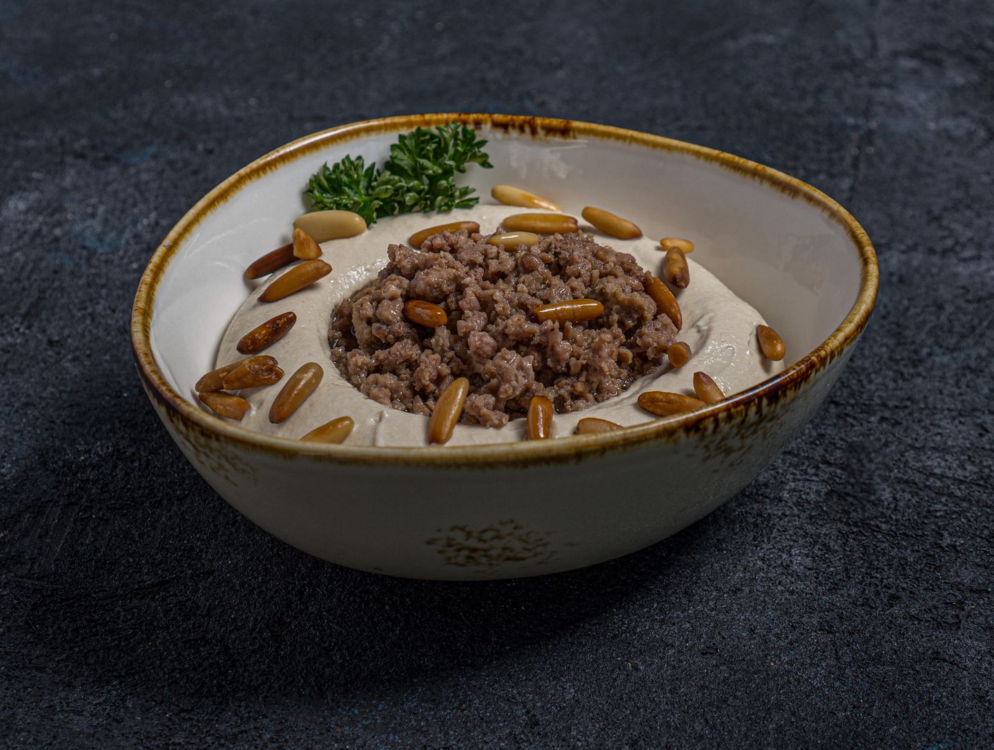 Hummus With Meat And Pine Nut