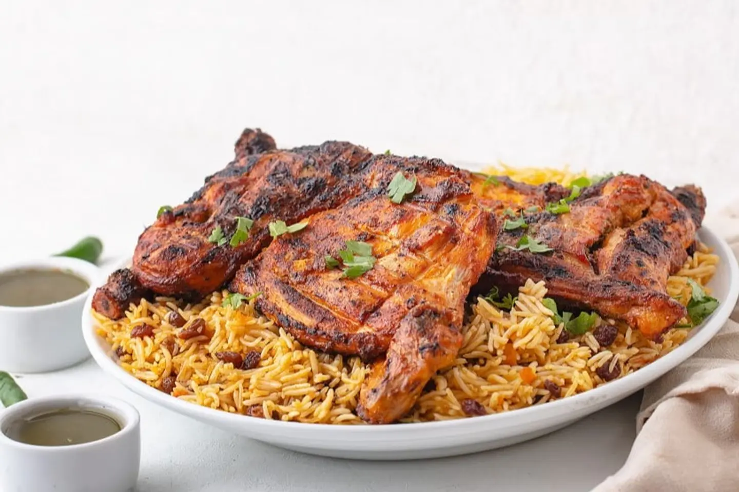 دجاج علي الفحم مع أرز بخاري - نص حبة دجاج
