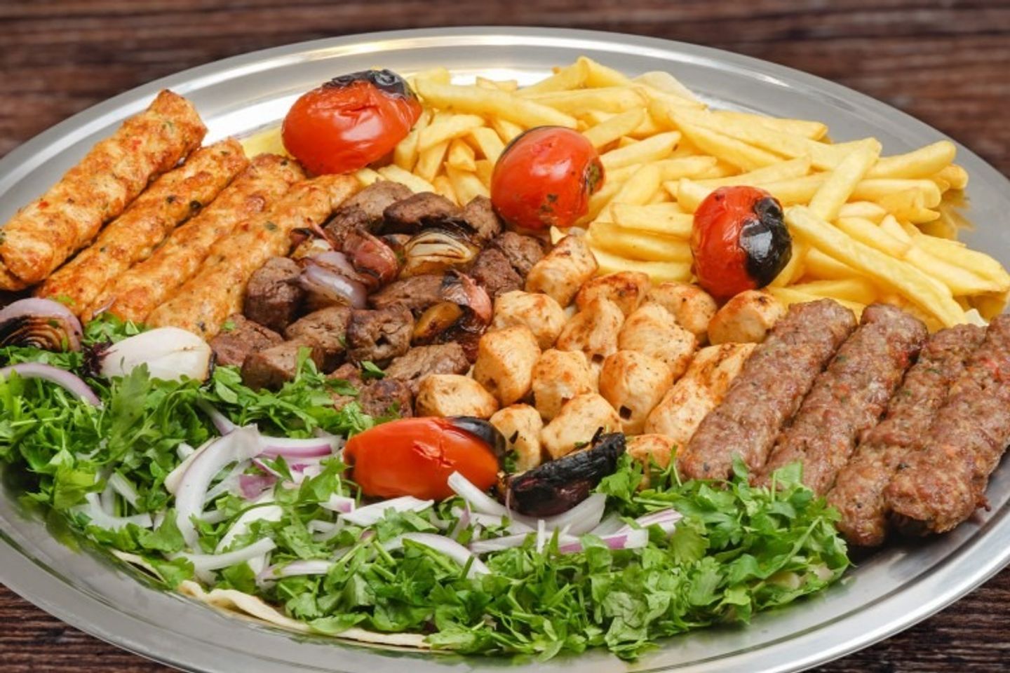 Family Size Mix Grill - Family Size Mix Grill (12 Skewers)   Small Plate With Rice.