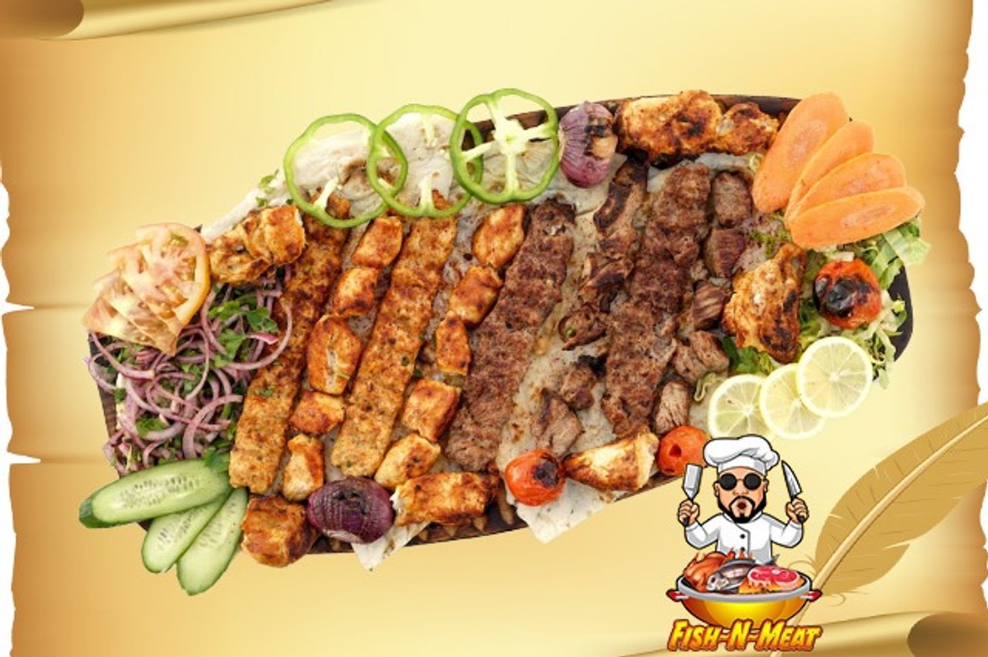 Mix Grills Platters - 3 Kabab Skewers Mix 1x Chicken 1x Fish 1x Meat + 3x Awsal Skewers Mix 1x Chicken 1x Fish 1x Meat + 3x Rices