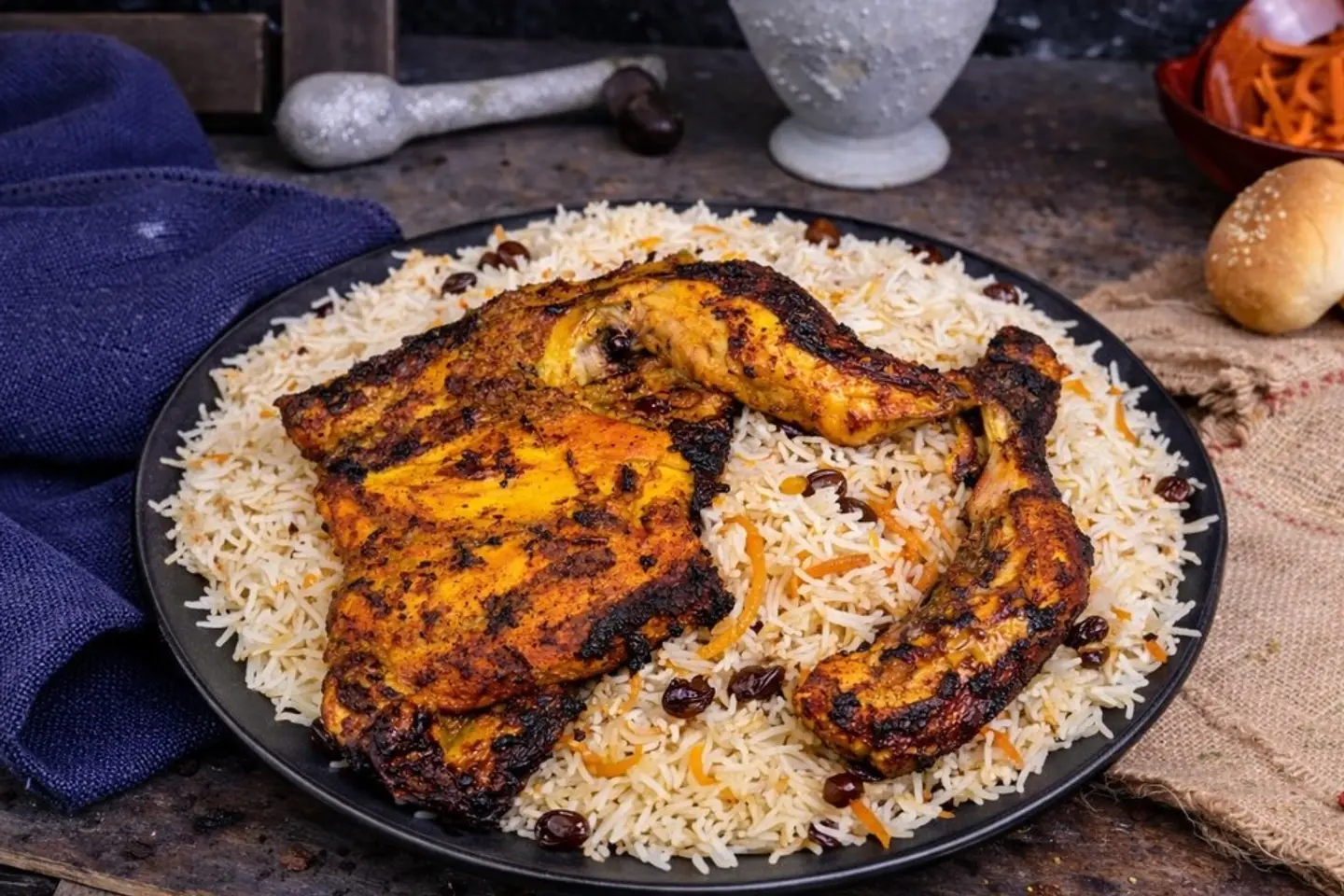 دجاج فحم مع رز قابلي - نص دجاجة
