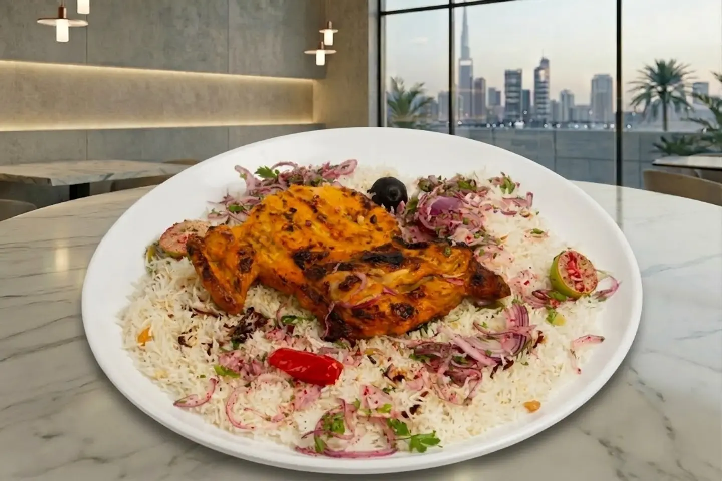 دجاج على فحم مع الرز - نص حبة دجاج