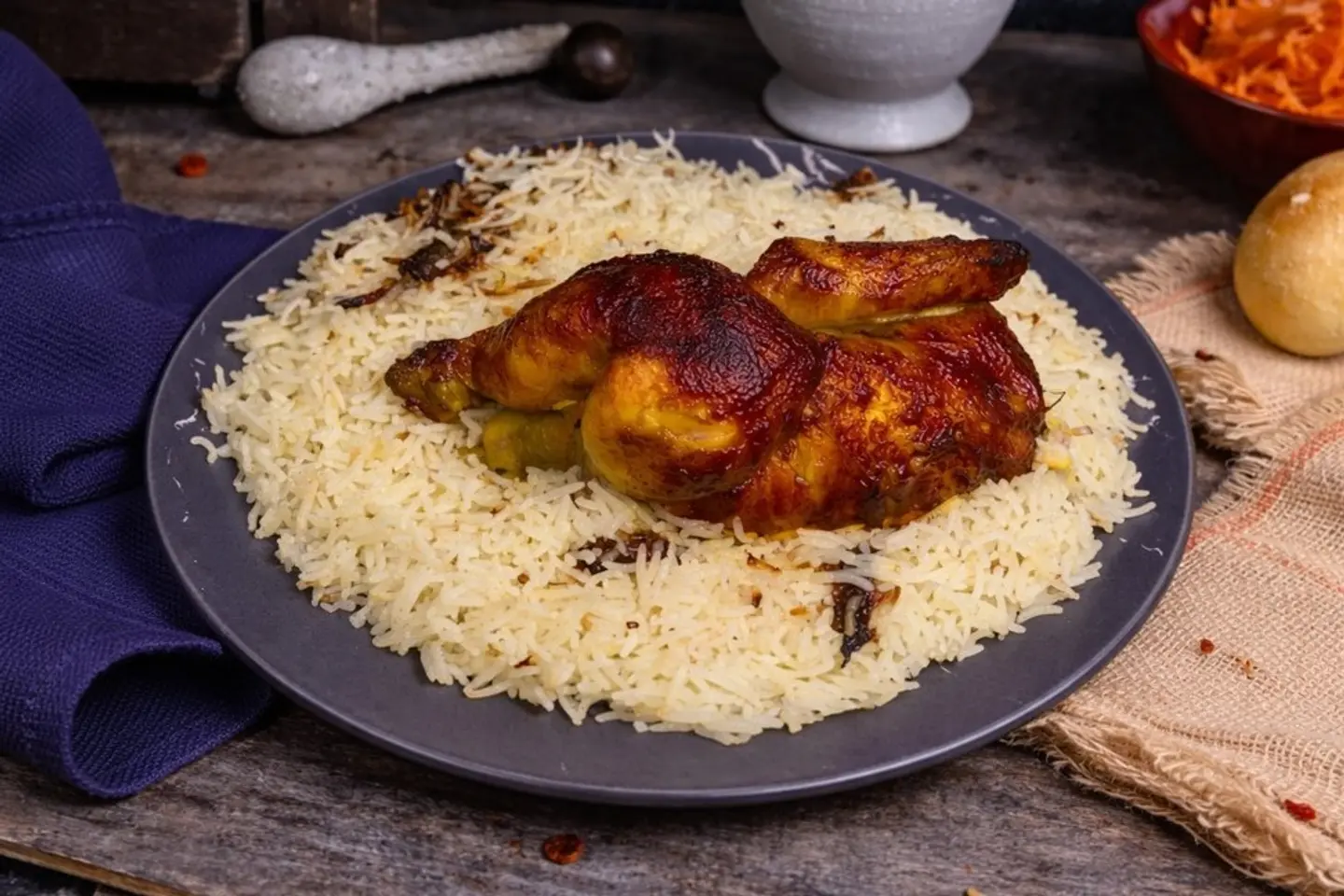 دجاج شواية مع رز بشاوري - دجاجة كاملة