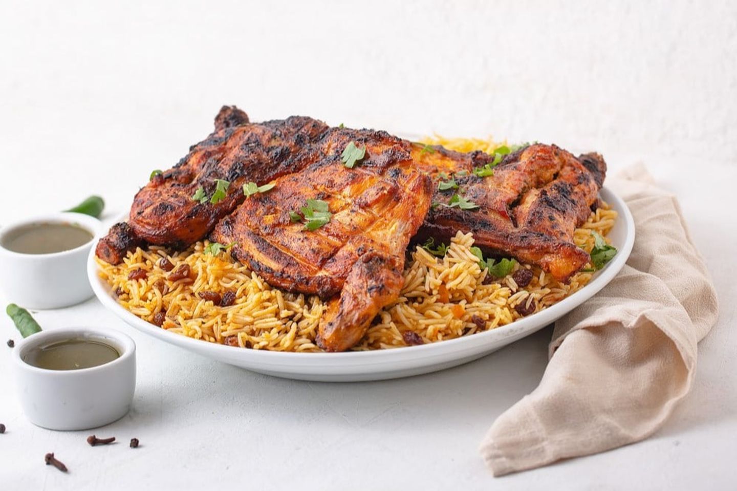 حبة دجاج على الفحم مع أرز بخاري+حبة دجاج الفحم سادة مجانا - نص حبة دجاج
