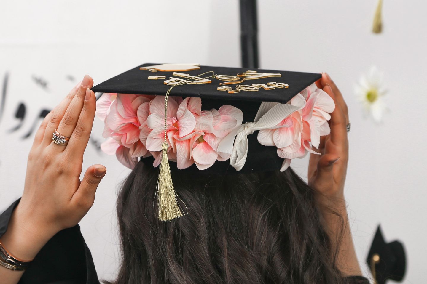 Hydrangea Graduation Hat With Name - White