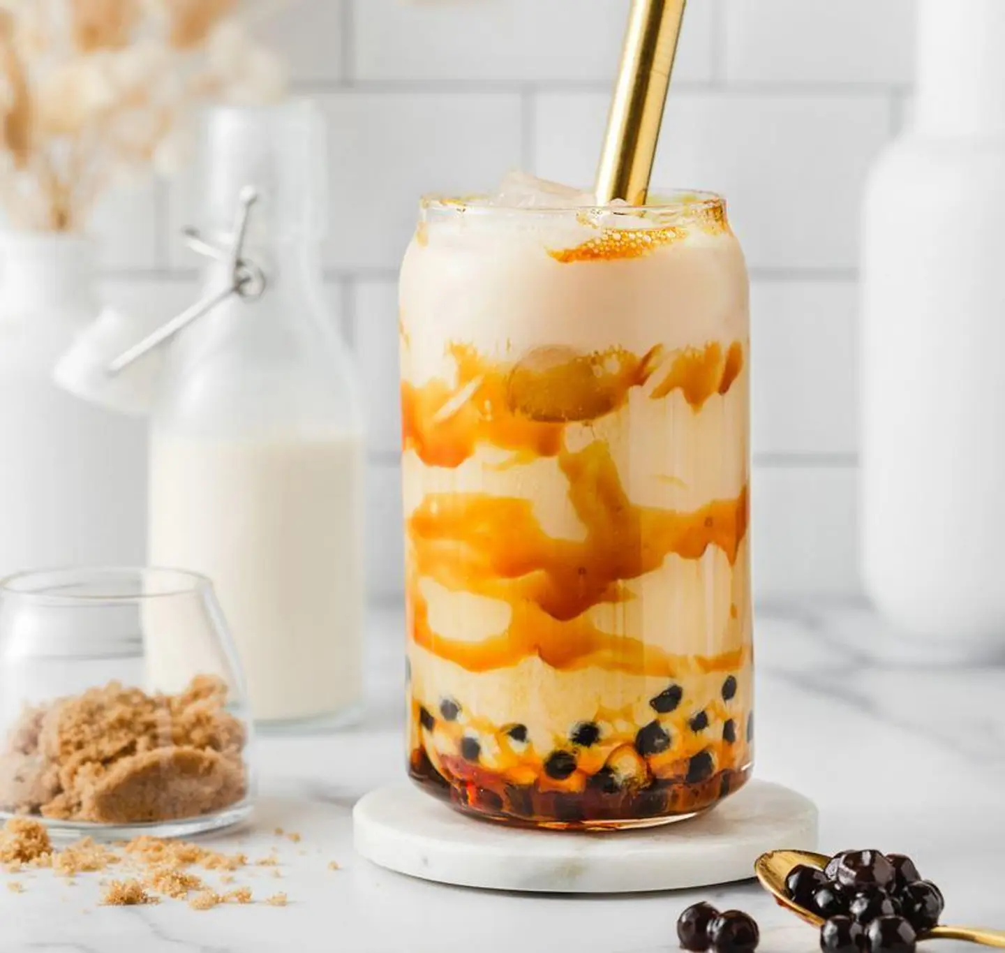 شاي حليب لؤلؤ السكر البني خفيف - متوسط