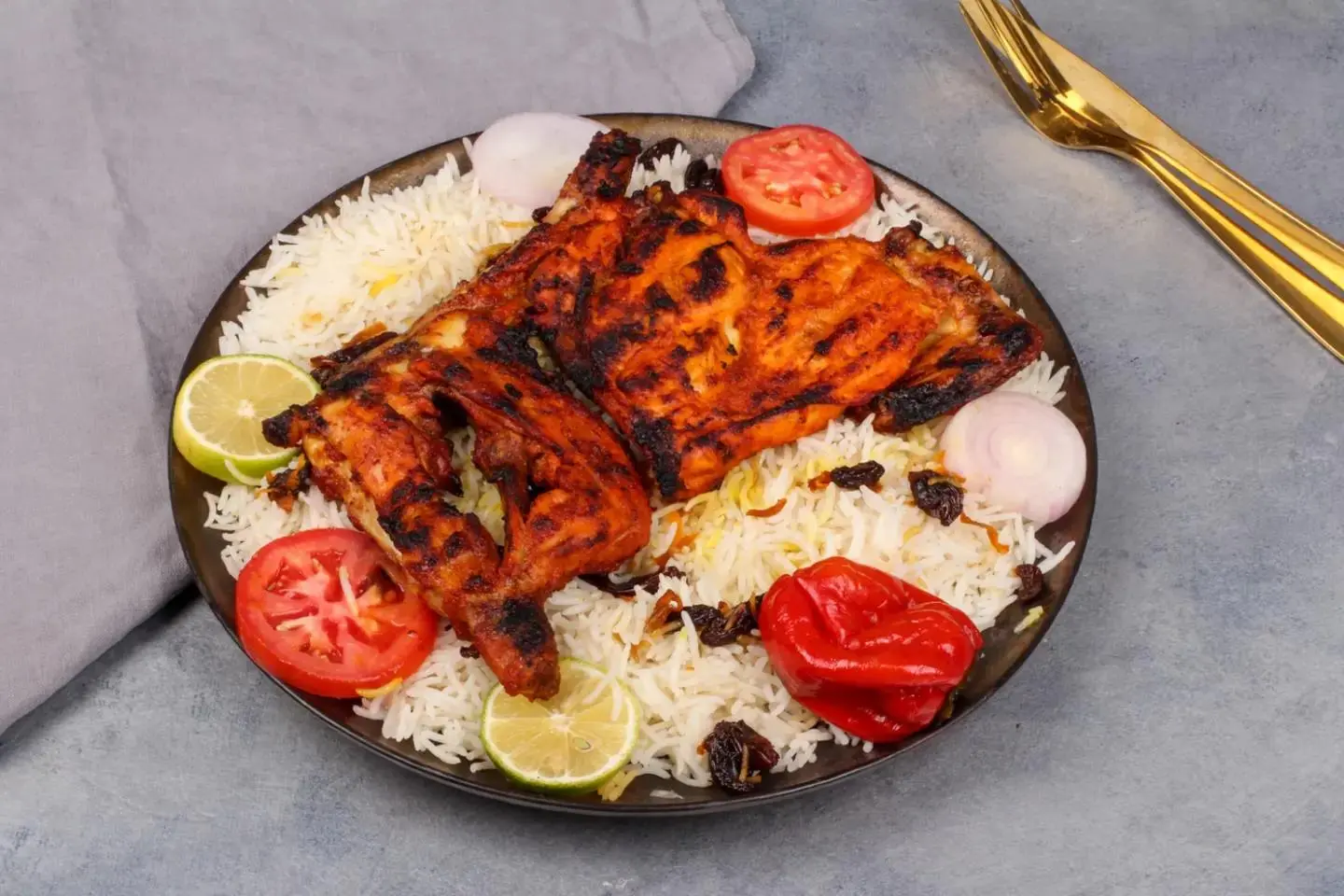 دجاج على الفحم مع رز - نص حبة دجاج