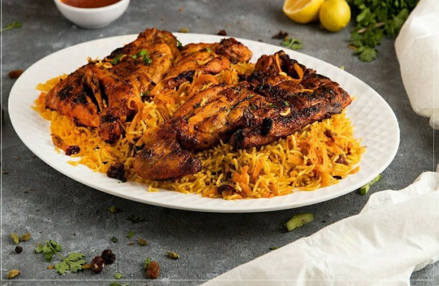 نص دجاجة  فحم مع الرز - أرز بخاري