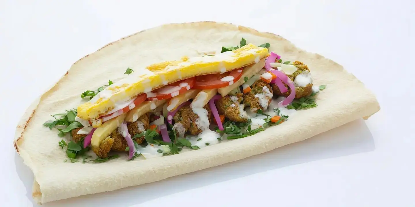 Hummus Sandwich With Falafel, Eggs, Salad And Potatoes - Chapati