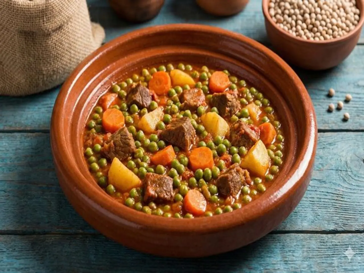 طاجن بسلة باللحم - مع رز