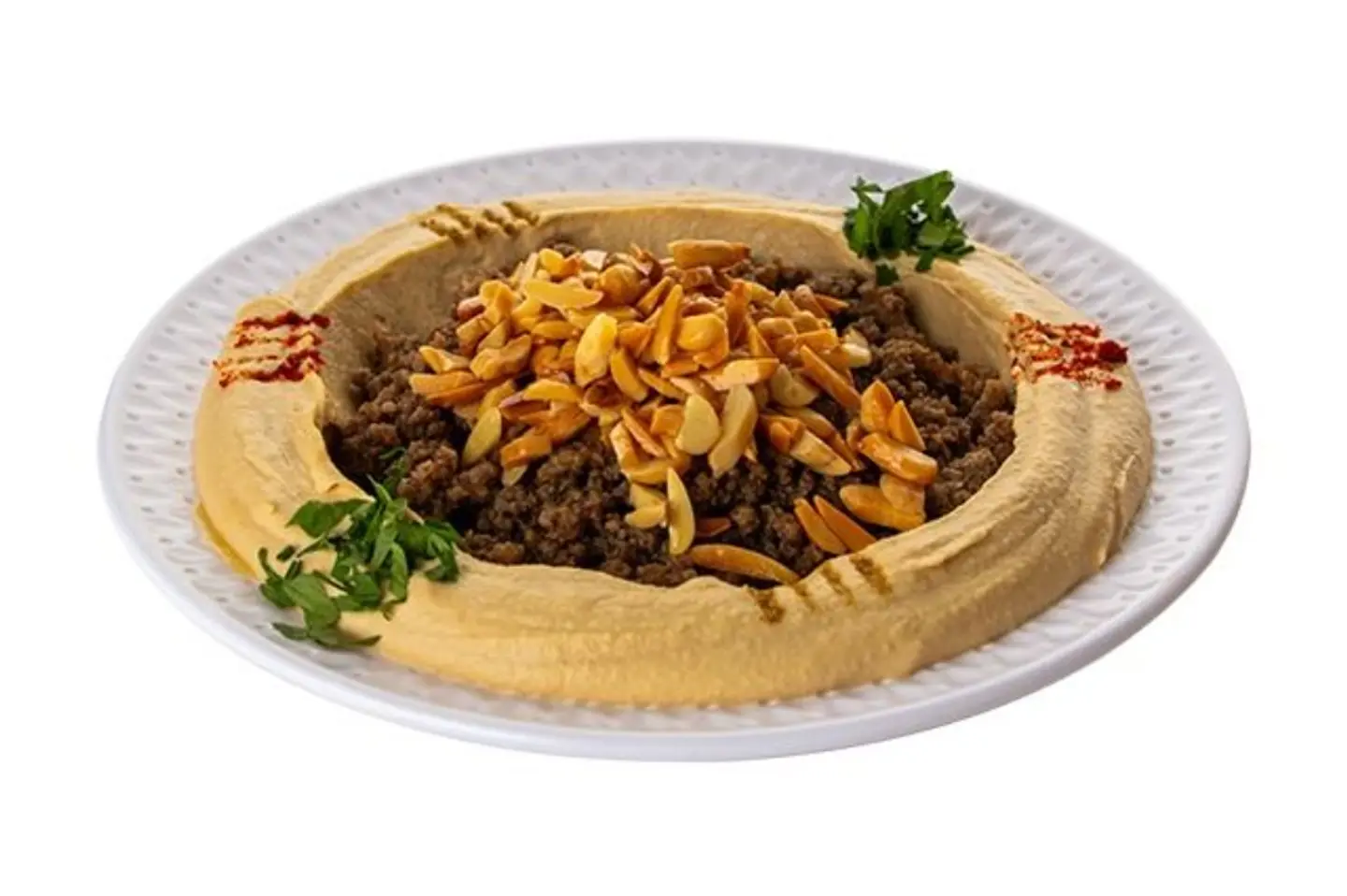 Hummus Seeds With Meat And Almonds Dish - Small Plate