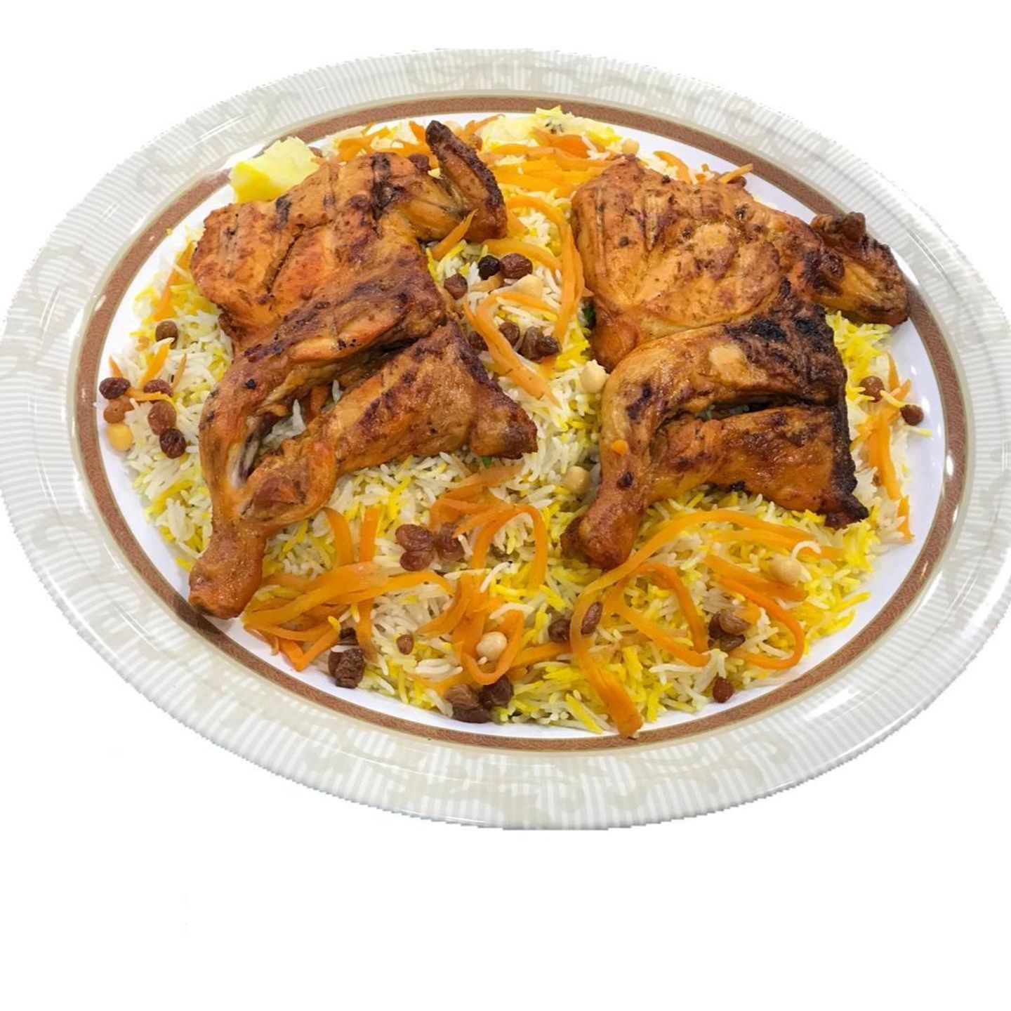 دجاج على الفحم مع الرز  - نص حبة دجاج مع الارز